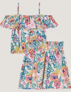Tropical Floral Strappy Top & Skirt Set Ivory