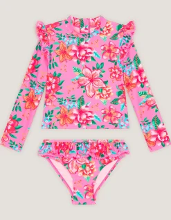 Tropical Flower Print UPF50+ Long Sleeve Swim Set Pink