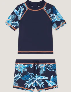 Tropical Print Rash Vest & Swim Shorts Blue