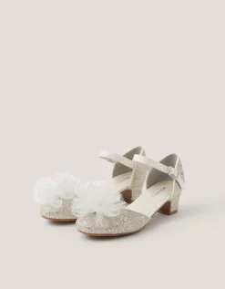 Tulle Pom Glitter Closed Toe Heels Silver