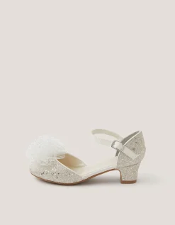 Tulle Pom Glitter Closed Toe Heels Silver