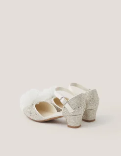 Tulle Pom Glitter Closed Toe Heels Silver