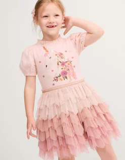 Unicorn Embellished Tiered Disco Dress Pink
