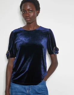 Vita Bow Sleeve Velvet T-Shirt Blue