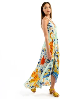 Wild Voila Tiger Print Backless Maxi Dress Blue