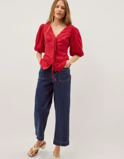 Willa Puff Sleeve Tie Front Top Red