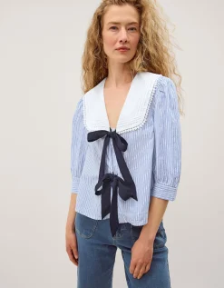 Xenia Tie Front Stripe Blouse Blue