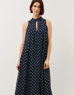 Yaz Sleeveless Polka Dot Midi Dress Blue