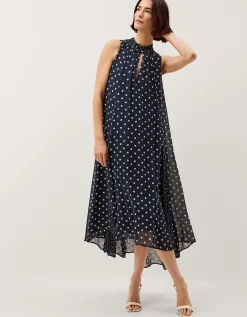 Yaz Sleeveless Polka Dot Midi Dress Blue