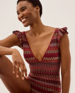 Zaria Plunge Knit Ruffle Swimsuit Red