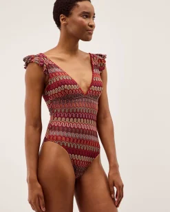 Zaria Plunge Knit Ruffle Swimsuit Red