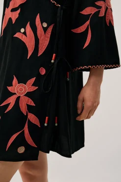 Zora Embroidered Mini Wrap Dress Black